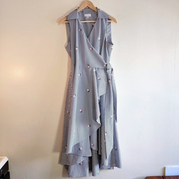 Calvin Klein Embroided Floral & Stripe Wrap Dress Hi-Low Hem Cottagecore Size 8 - Picture 2 of 8